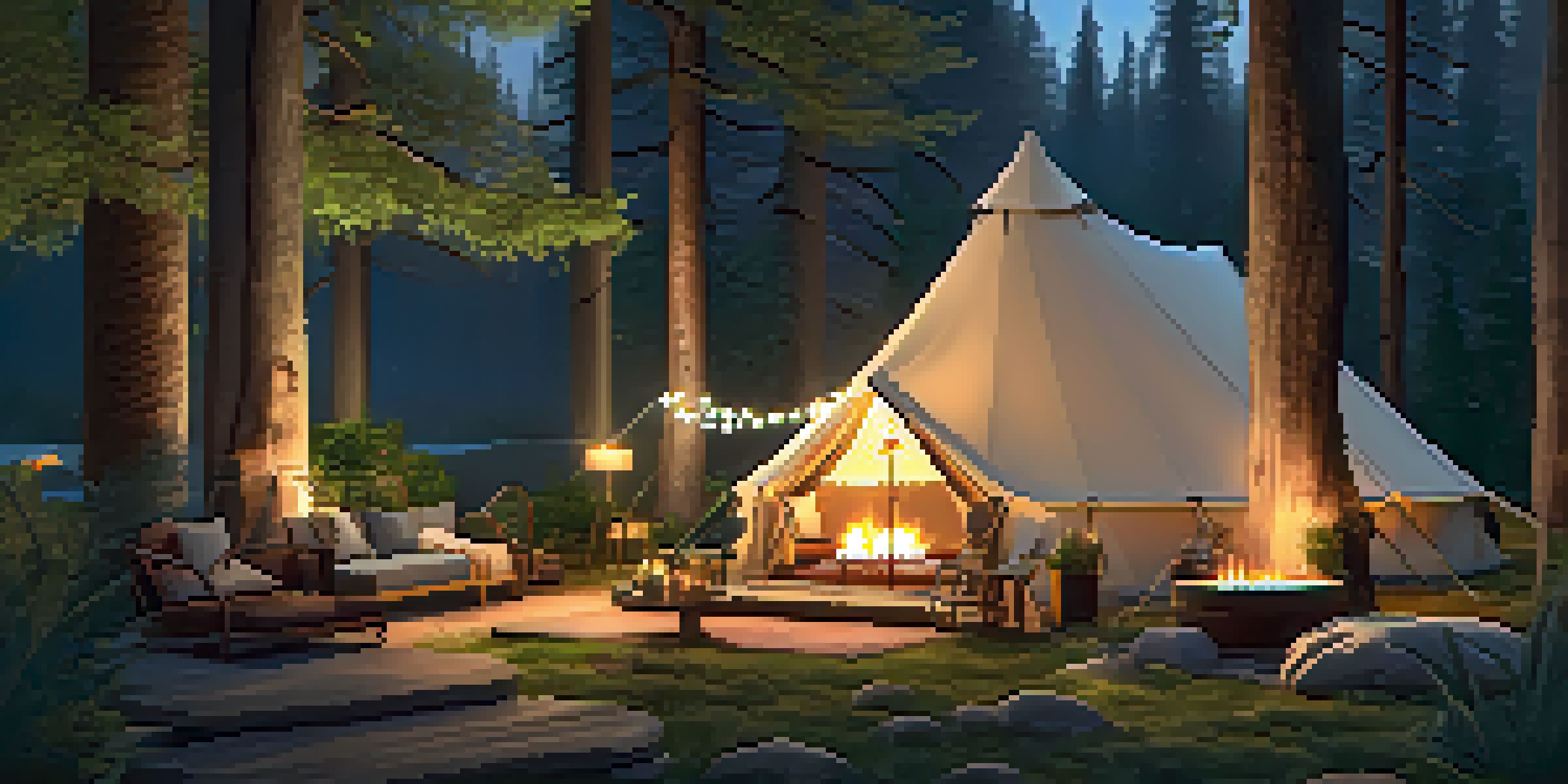 A luxurious glamping campsite with a spacious tent, plush sleeping bags, and ambient string lights in a forest setting.