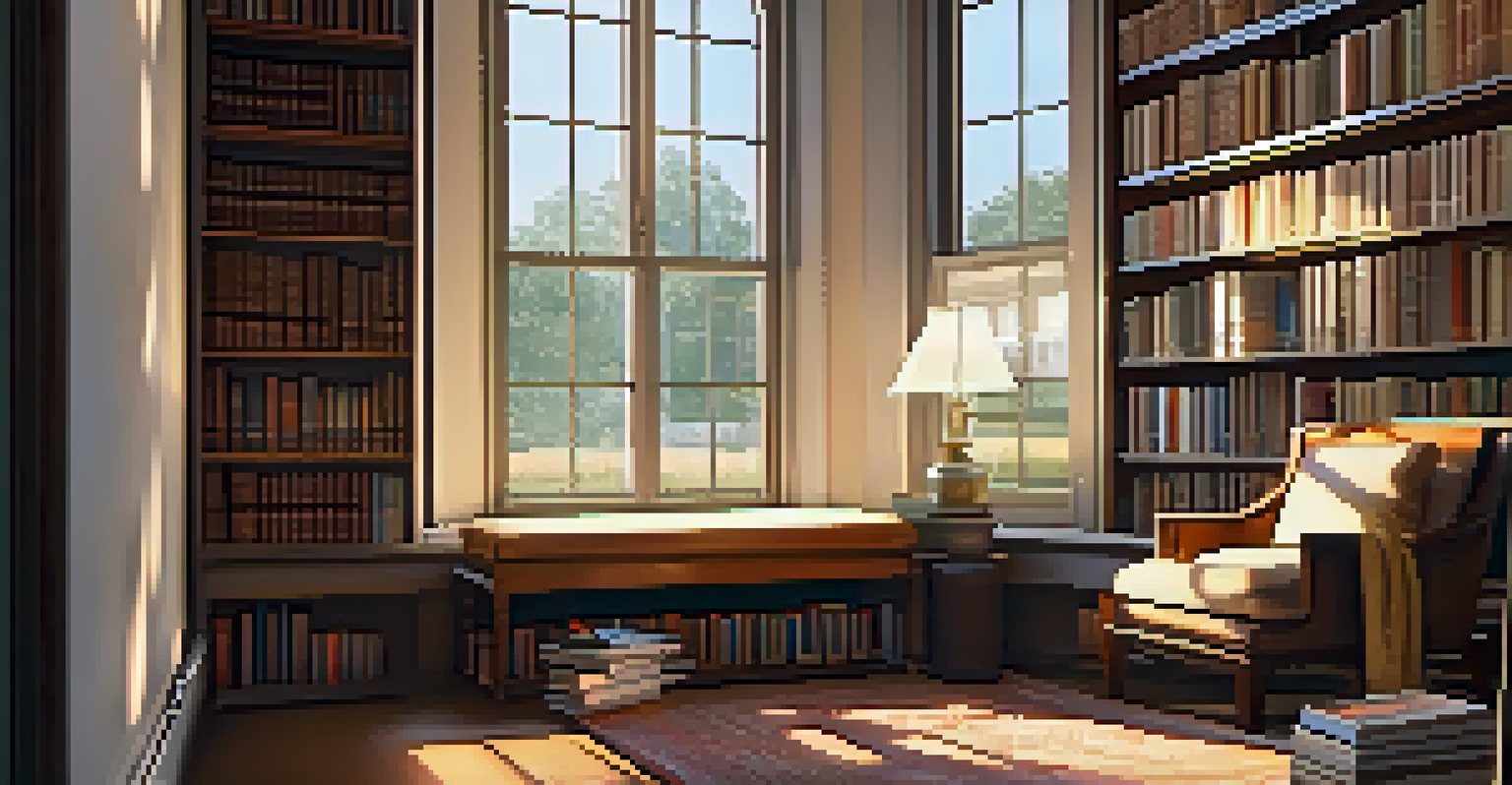 A cozy library corner with morning light, featuring a chaise lounge, bookshelves, and a small table.