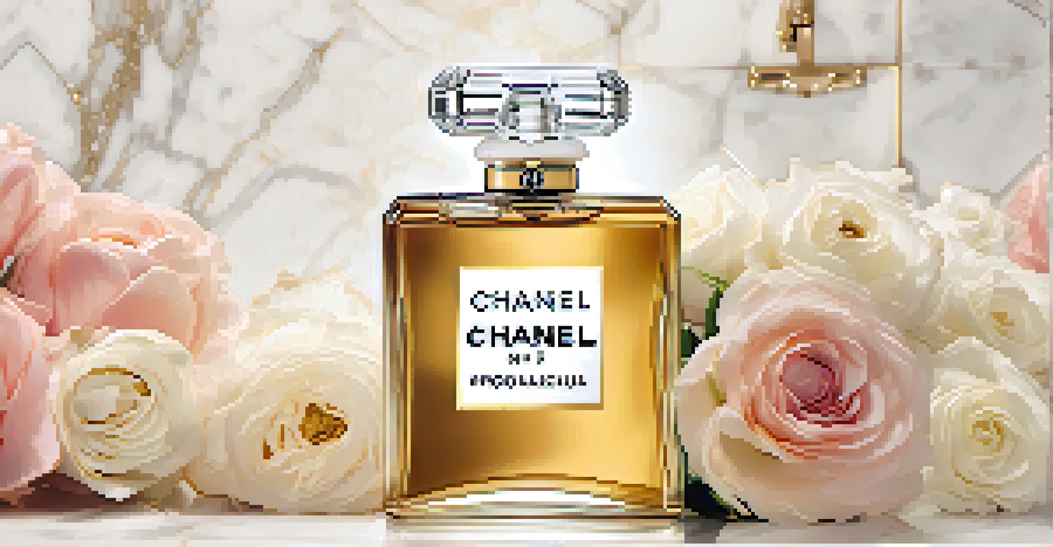 A close-up of a Chanel No. 5 perfume bottle on a marble vanity, surrounded by flowers and luxurious fabrics in soft golden lighting.