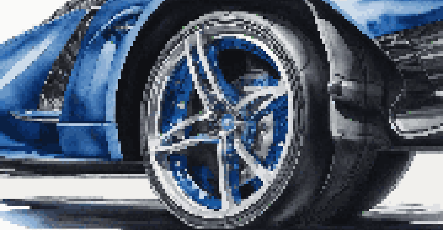 A close-up view of a luxury car's wheel and brake system with carbon fiber details against a blurred city background.