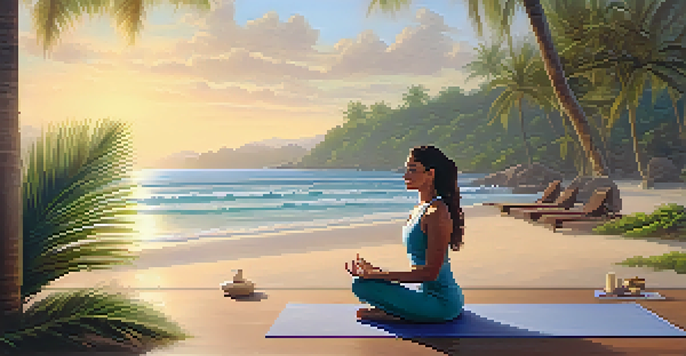 A tranquil beach at sunrise with a yoga instructor guiding a client in a private yoga session amidst palm trees and gentle waves.