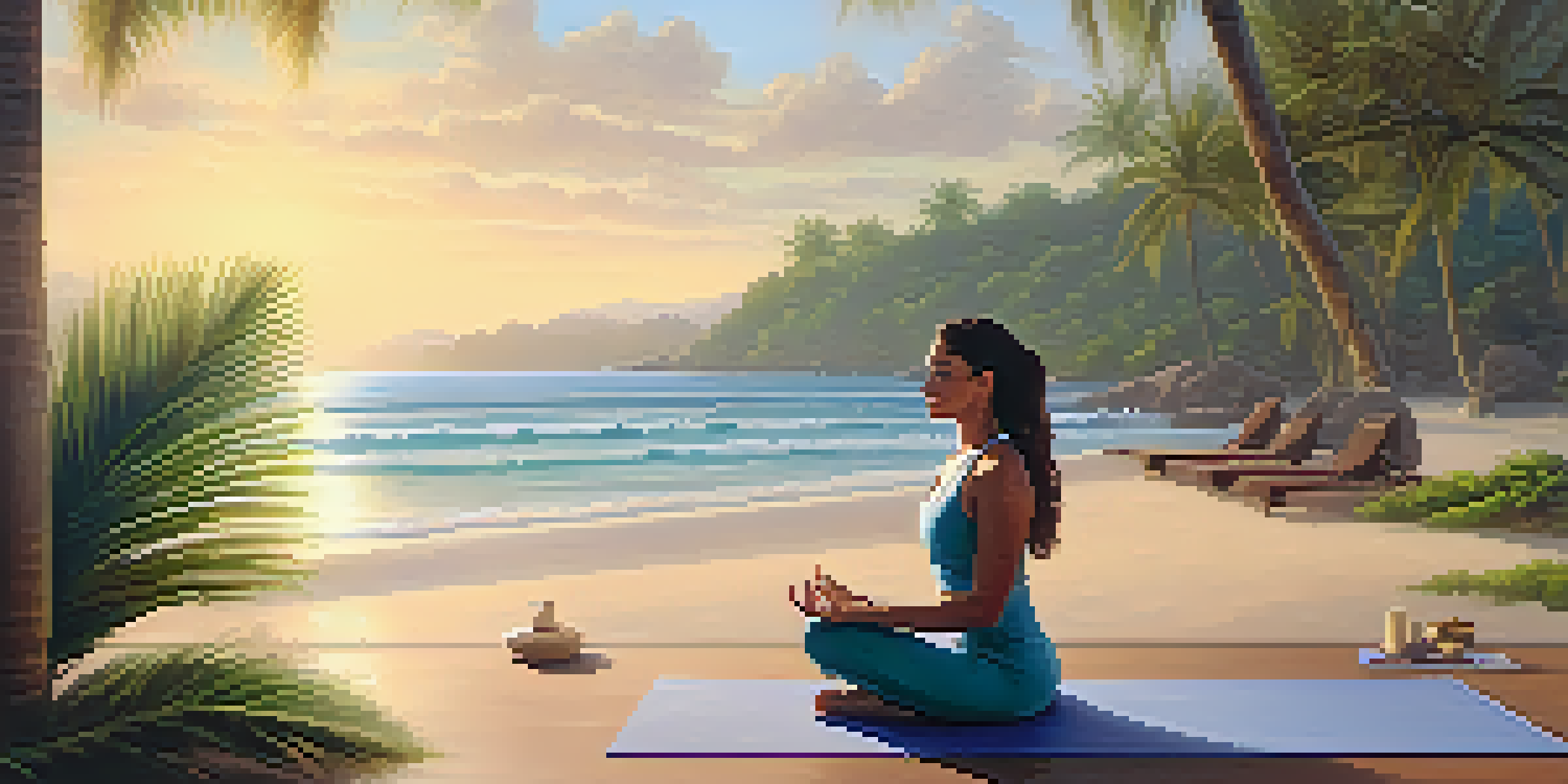 A tranquil beach at sunrise with a yoga instructor guiding a client in a private yoga session amidst palm trees and gentle waves.