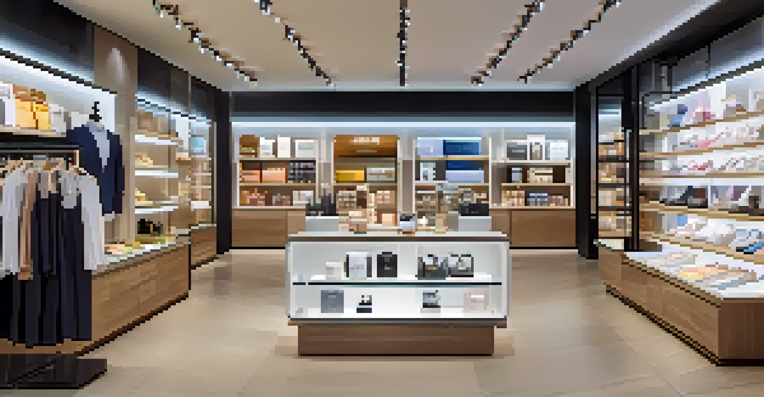 An upscale retail store with a customer interacting with an AI kiosk for personalized shopping, featuring high-end merchandise and soft lighting.