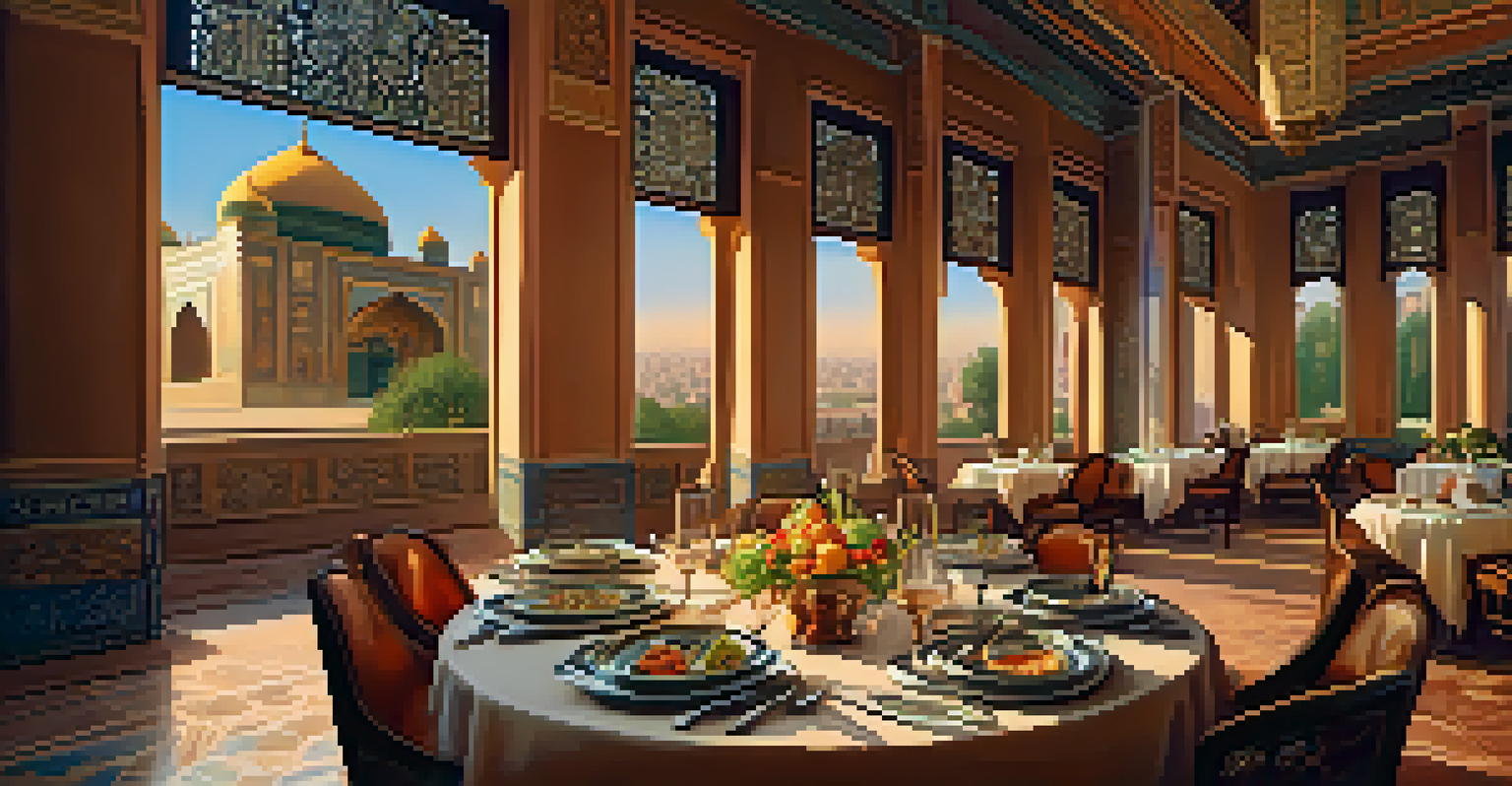 A beautifully arranged dining table in a luxury restaurant with views of Samarkand, featuring traditional Uzbek cuisine.