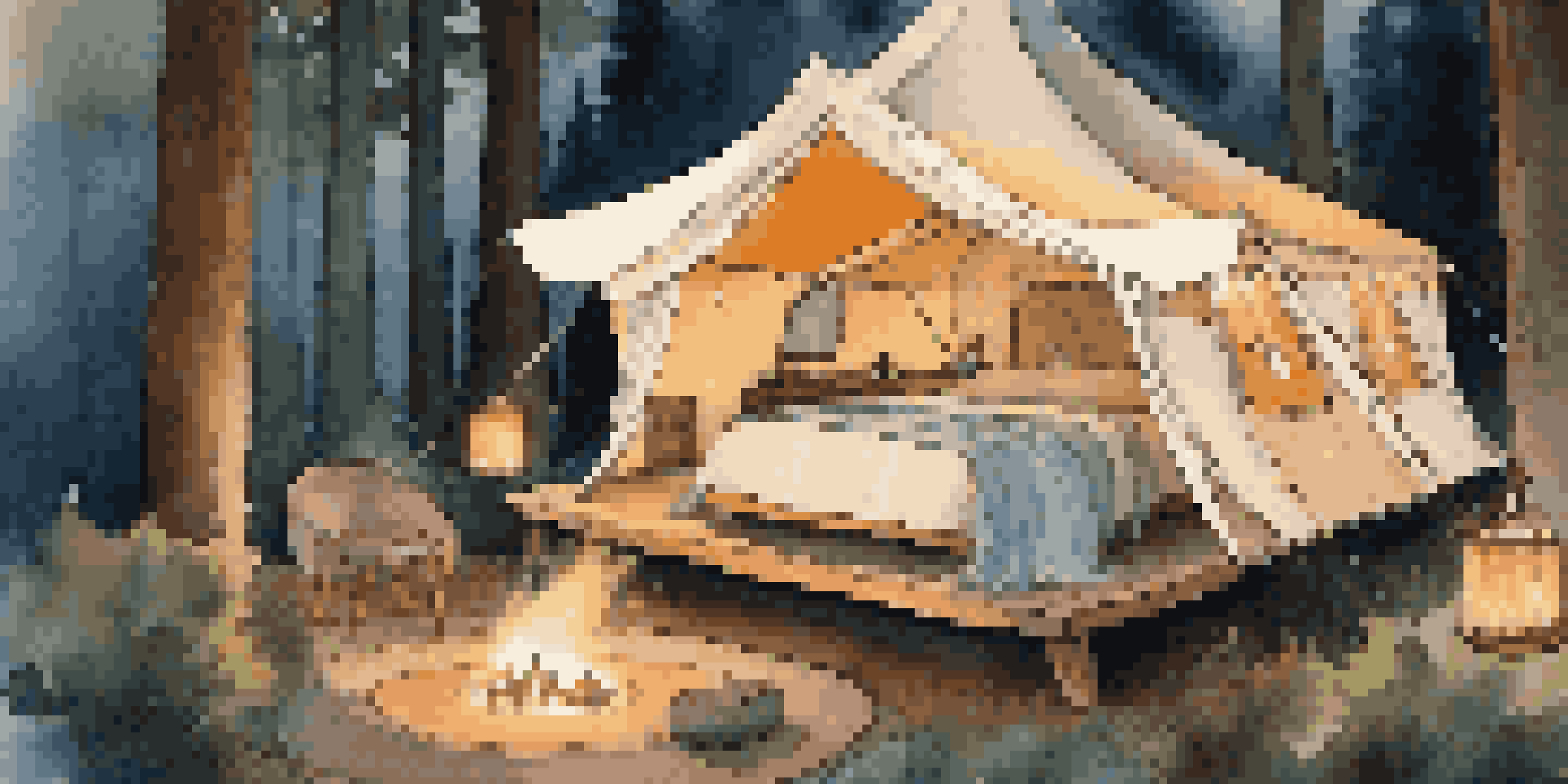 A luxurious glamping tent in a forest, illuminated with soft lighting and surrounded by greenery, featuring a cozy bed and a fire pit.
