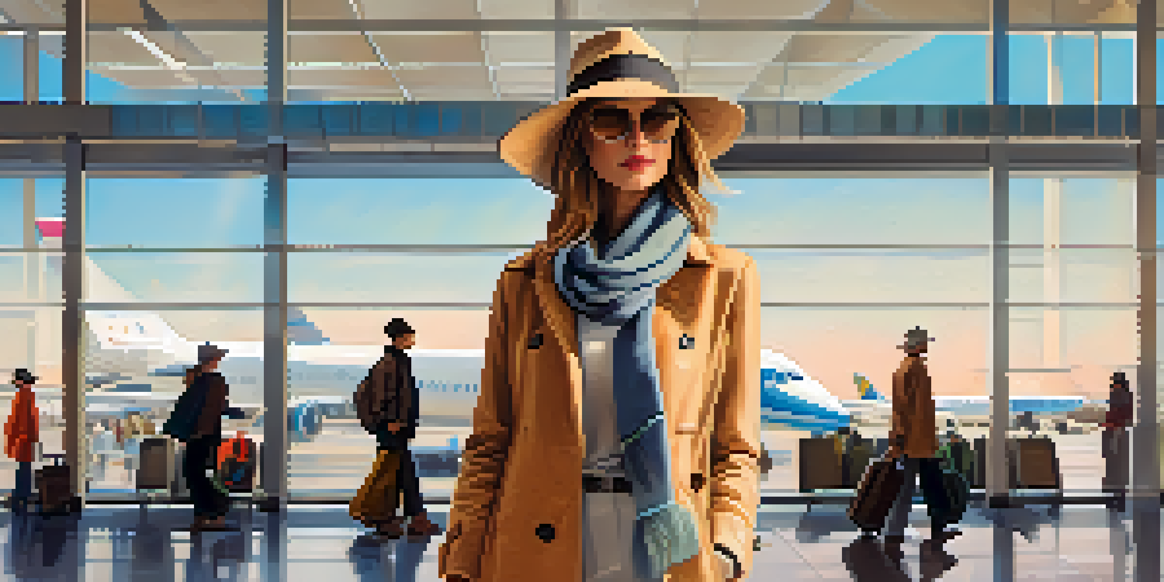 A fashionable traveler at an airport, dressed in a light outfit with a scarf and hat, surrounded by other travelers and modern airport architecture.