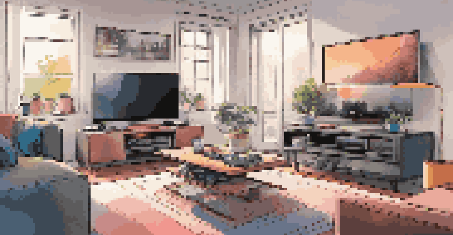 A contemporary living room with a gaming console connected to a TV, featuring smart lighting and a gaming headset on the table.