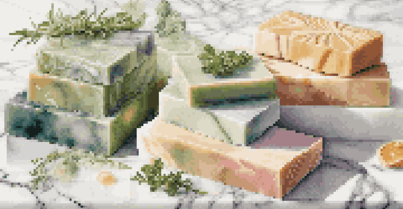 An elegant display of different artisanal soap bars on a marble countertop with herbs and oils.