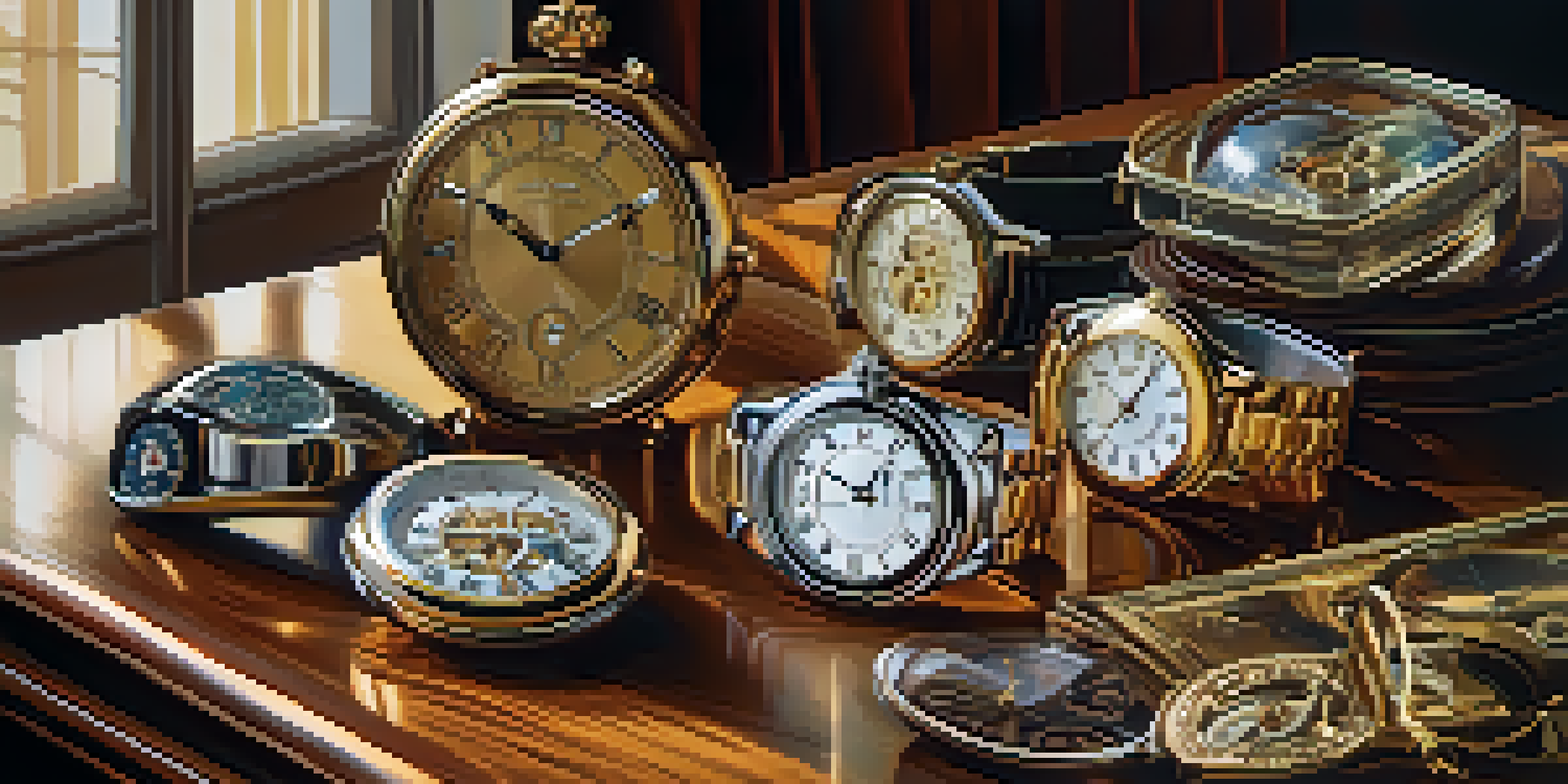 A collection of vintage watches on a polished wooden table, illuminated by soft natural light.