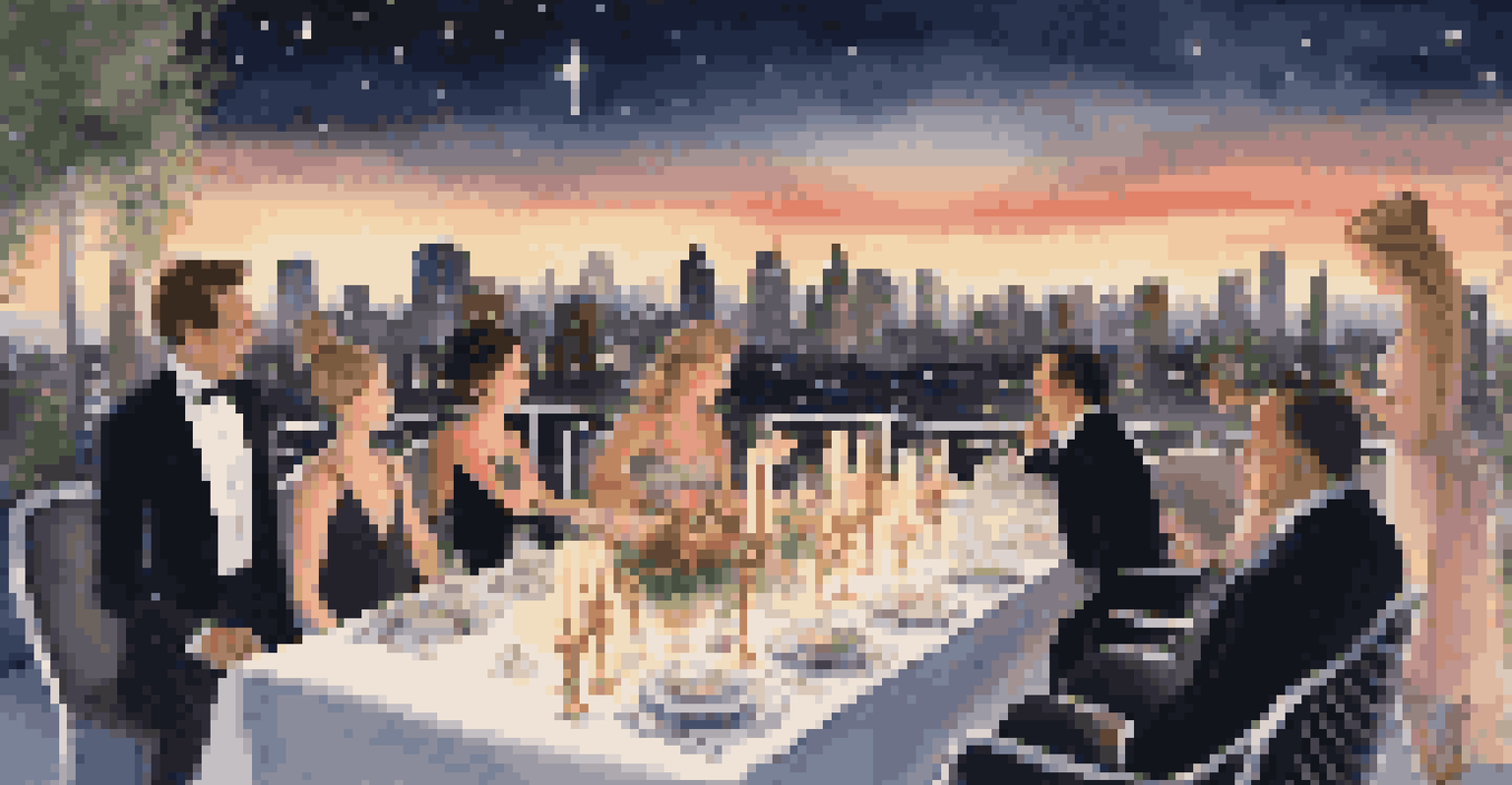 A rooftop dinner party at night with a city skyline, featuring a beautifully set table with candles.