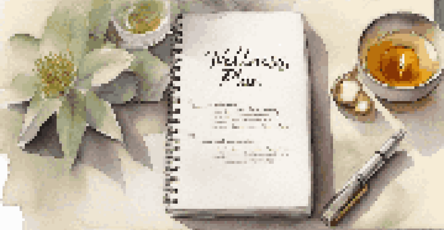 A close-up of a personalized wellness plan on a notebook with herbal tea and a candle.