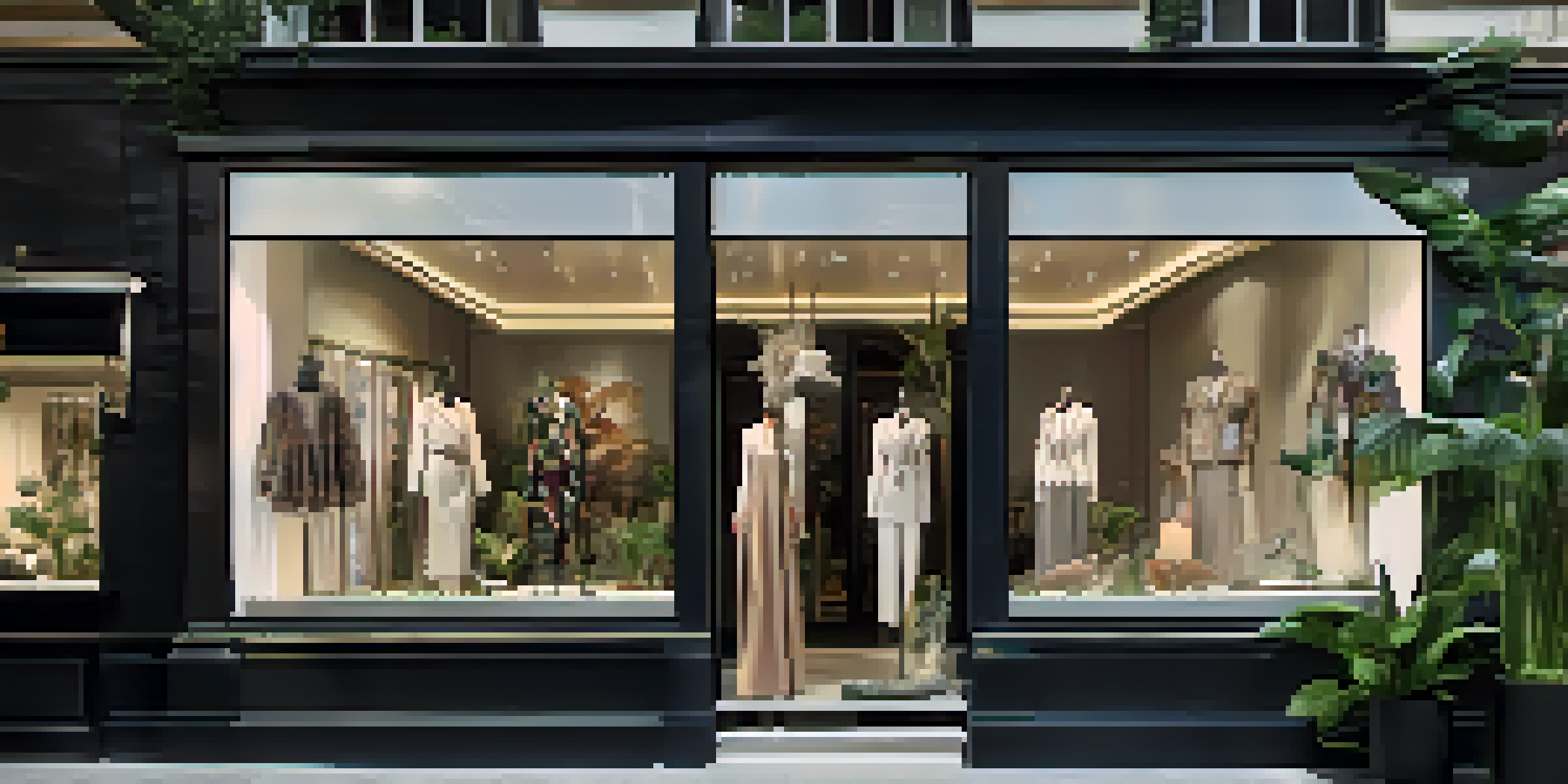 An upscale clothing store with a window display showcasing sustainable fashion items surrounded by lush greenery and wildlife-themed decorations.