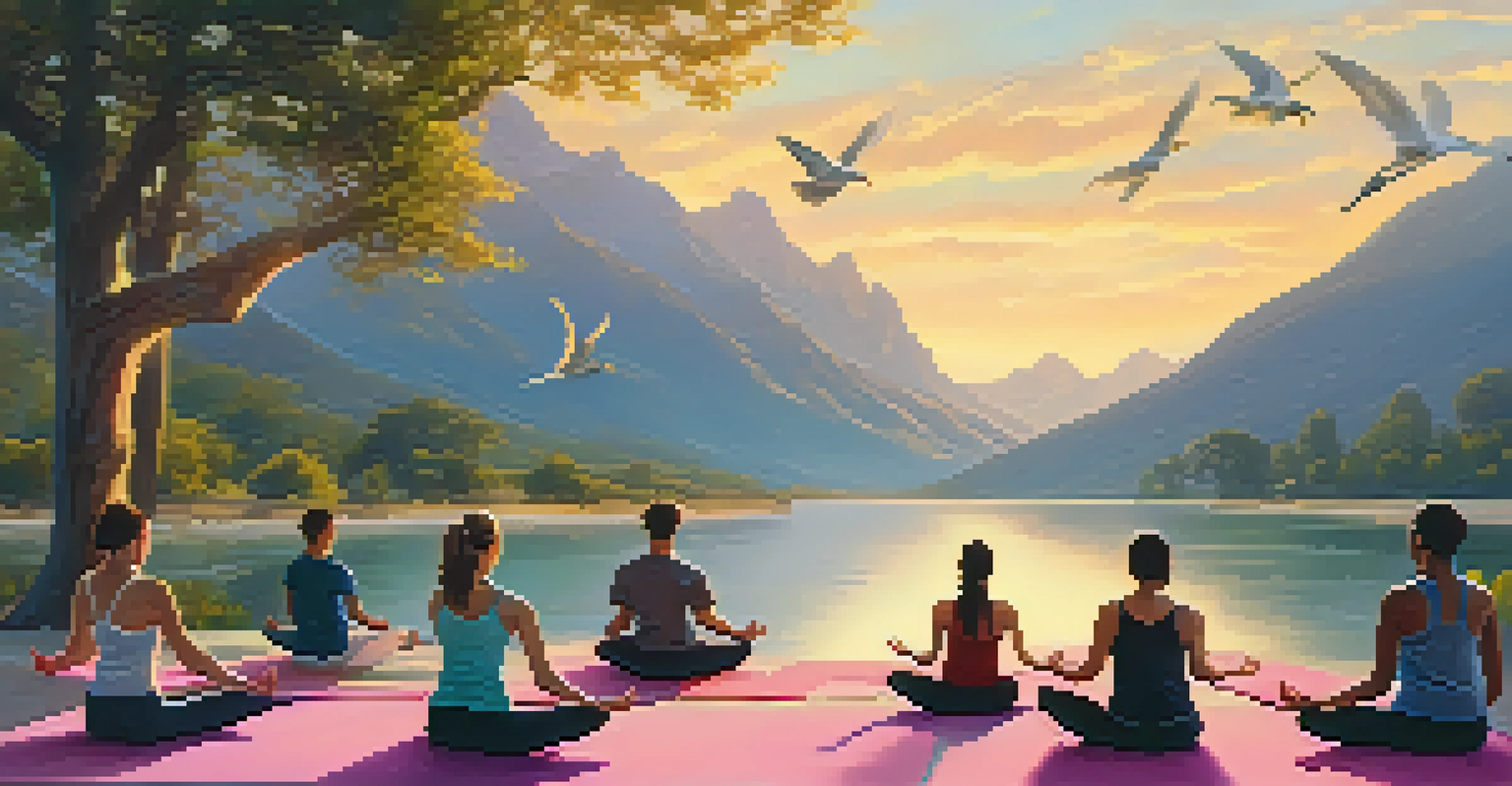 Yoga participants practicing at sunrise with mountains and a river in the background.