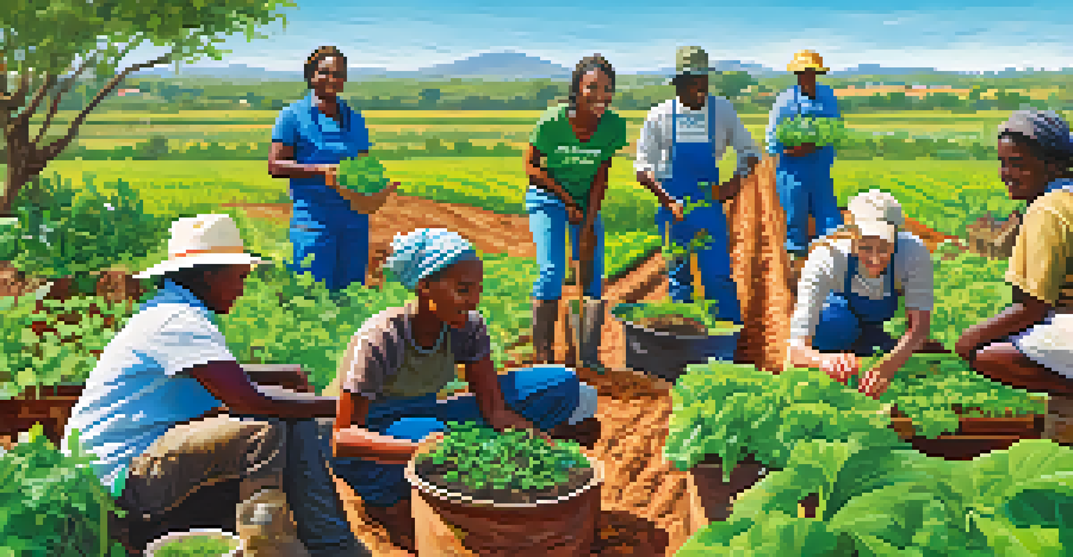 Volunteers planting seeds in a sustainable farming project in South Africa, with crops and clear skies.