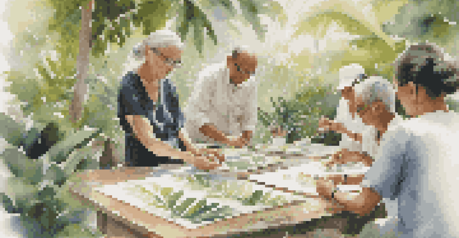 A group of diverse participants engaged in a Balinese painting class in a lush garden, with a local artist instructing them.
