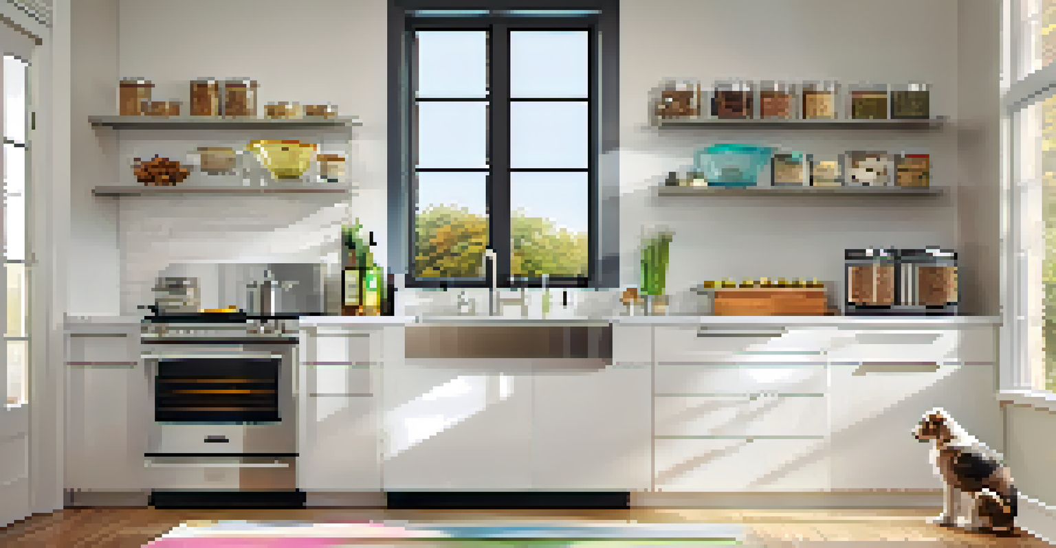 An automated pet feeding station in a modern kitchen, featuring a robotic feeding device and gourmet pet food.