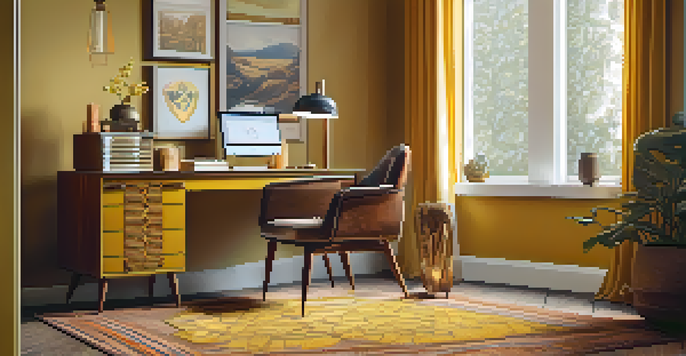 A warm and inviting home office with a vintage wooden desk, a mustard yellow chair, and a retro desk lamp, surrounded by vintage artwork and a textured rug.