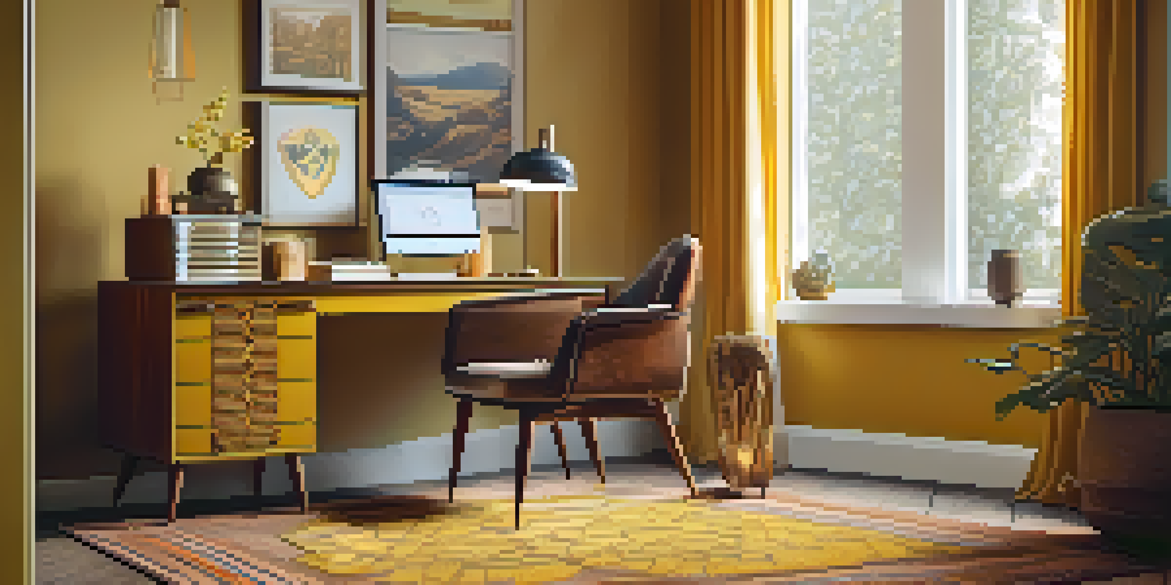 A warm and inviting home office with a vintage wooden desk, a mustard yellow chair, and a retro desk lamp, surrounded by vintage artwork and a textured rug.