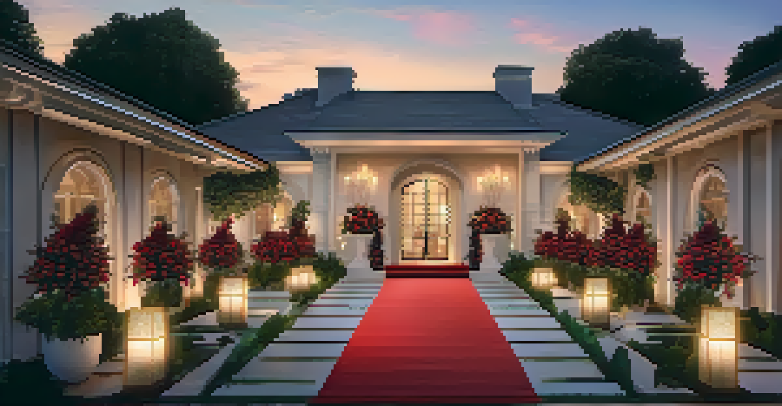 An outdoor event space decorated for a celebrity gathering with string lights and a red carpet.