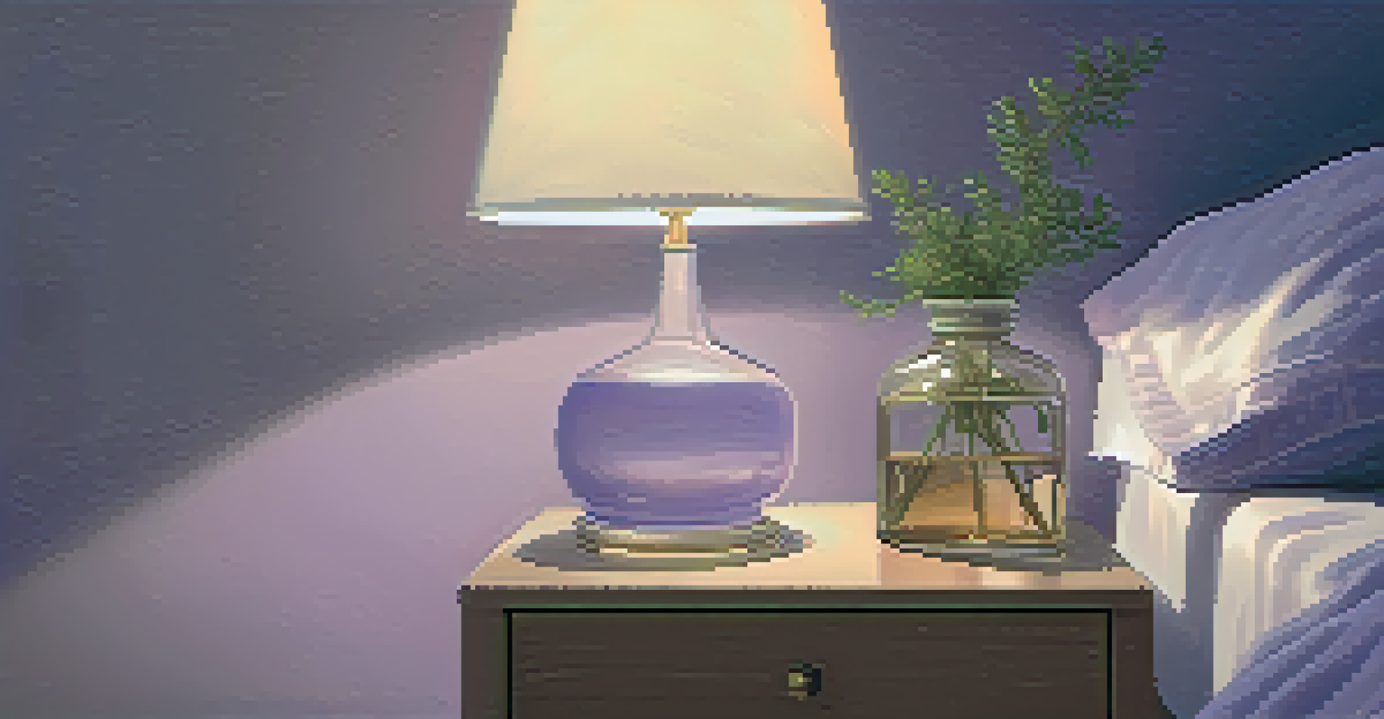 A calming bedroom with a bedside table holding lavender essential oil and a small plant, illuminated by a soft bedside lamp.
