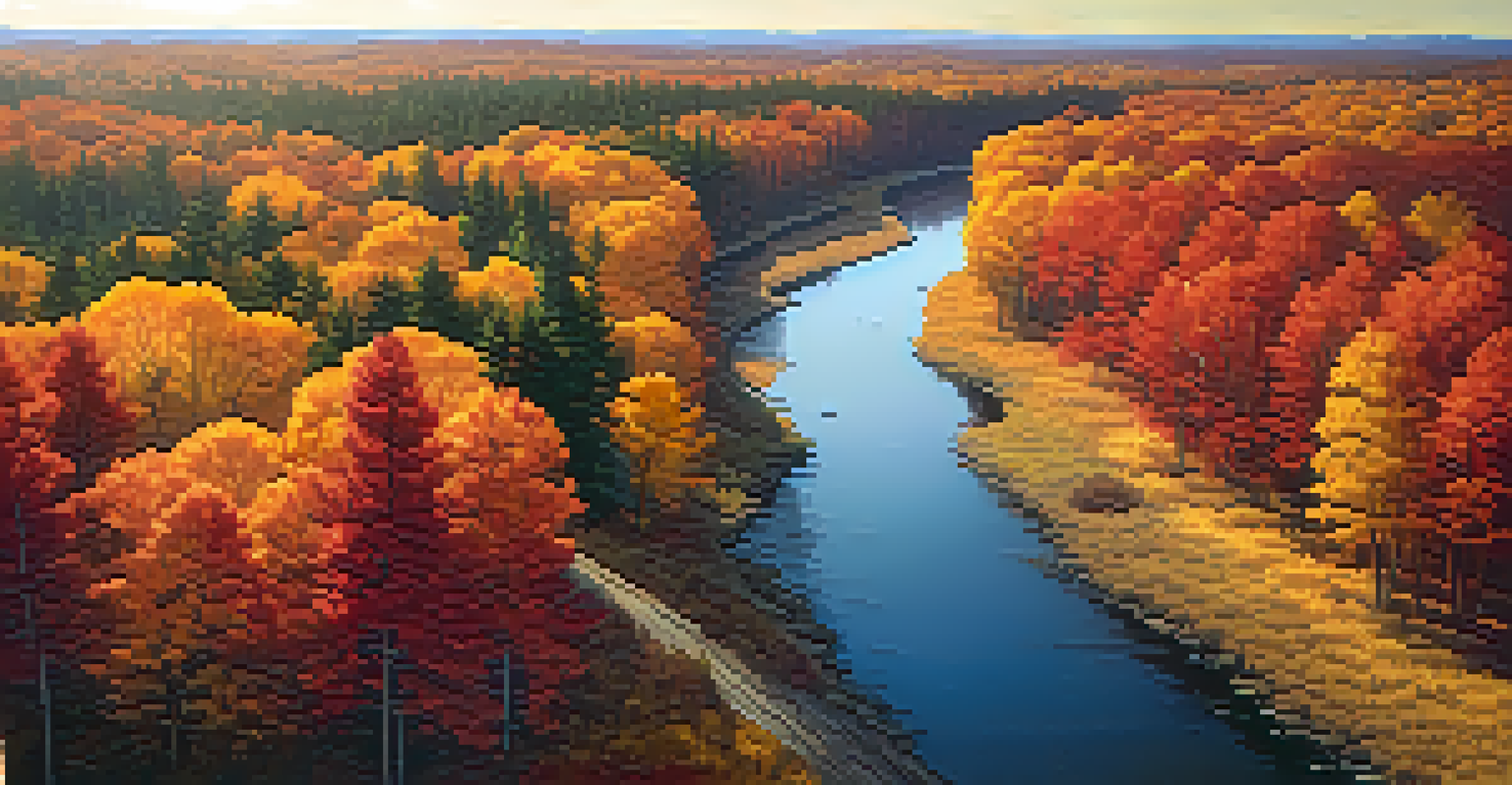 Aerial view of a winding river through an autumn forest with colorful leaves.