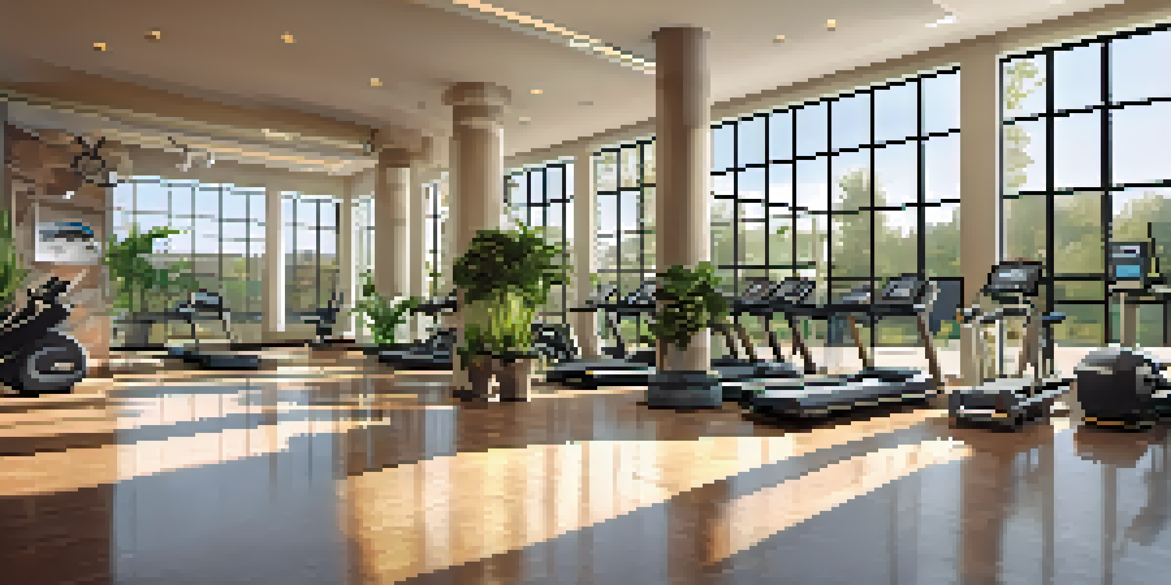 A spacious and well-lit luxury gym filled with modern fitness equipment and a smoothie bar in the background.