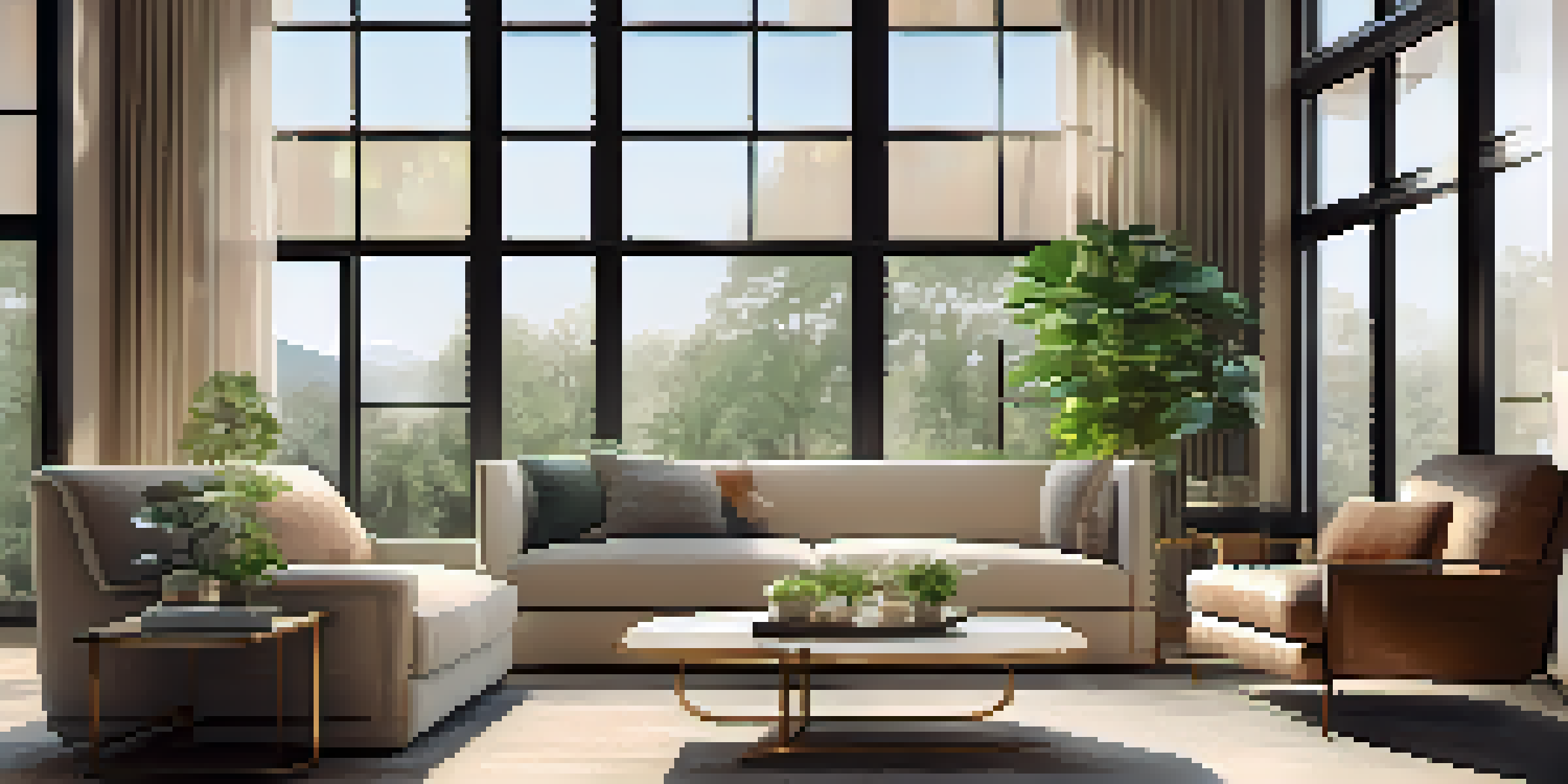 A bright and stylish living room with a personal assistant device on a coffee table, sunlight streaming in, and elegant furniture.