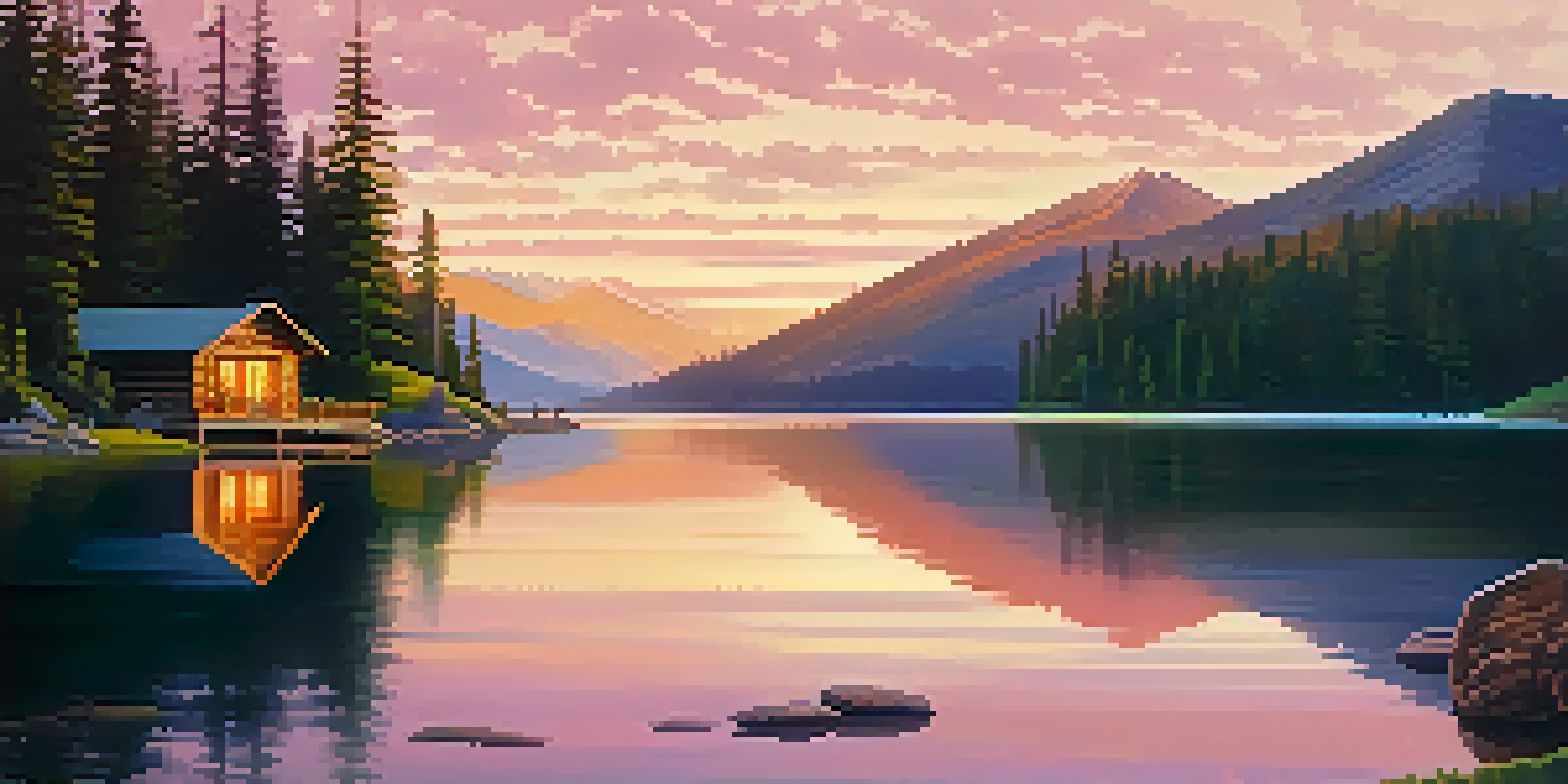 A luxurious wooden cabin at a mountain resort during sunrise, with colorful reflections on a tranquil lake.