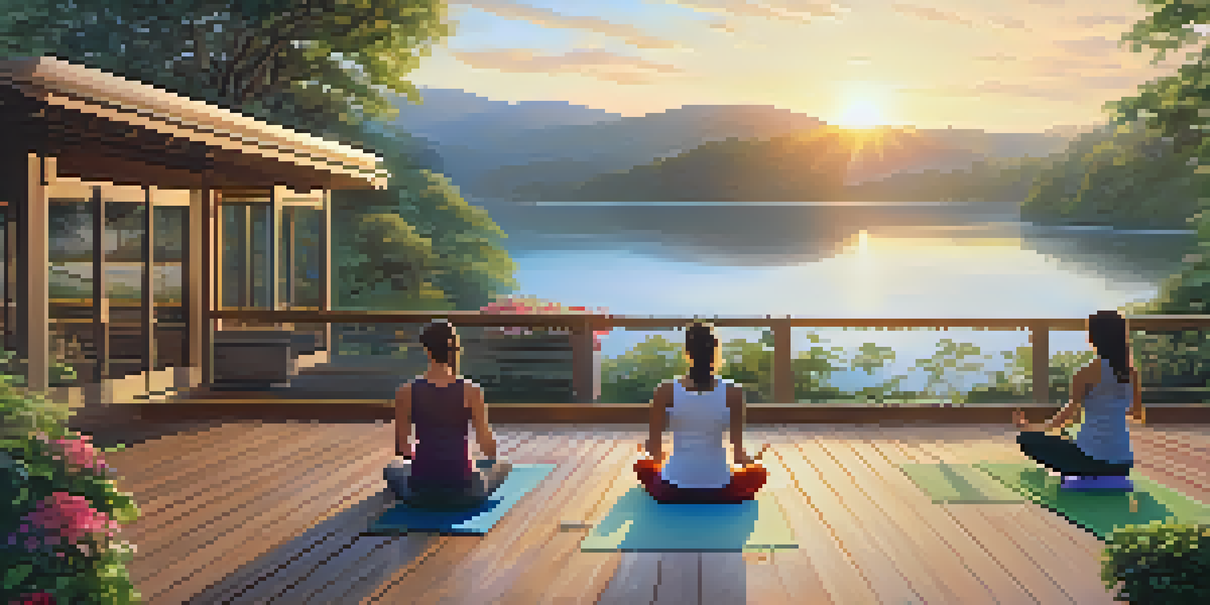 A peaceful outdoor yoga class at a luxury wellness retreat, surrounded by nature and bathed in morning sunlight.