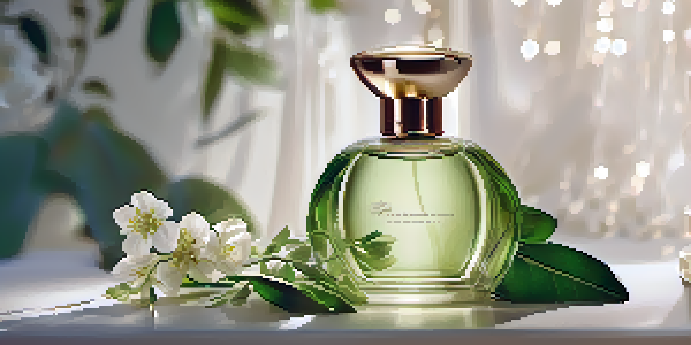 A luxury perfume bottle made from biodegradable materials, surrounded by green leaves and flowers, showcasing its elegant design.