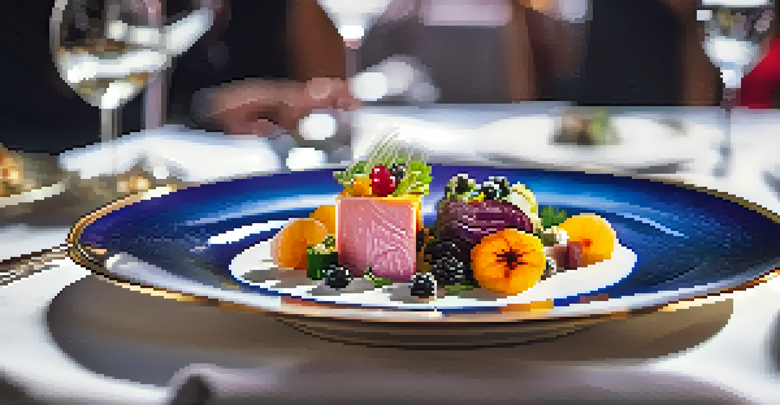An artistic close-up of a gourmet dish with vibrant colors and seasonal ingredients at a luxury event.
