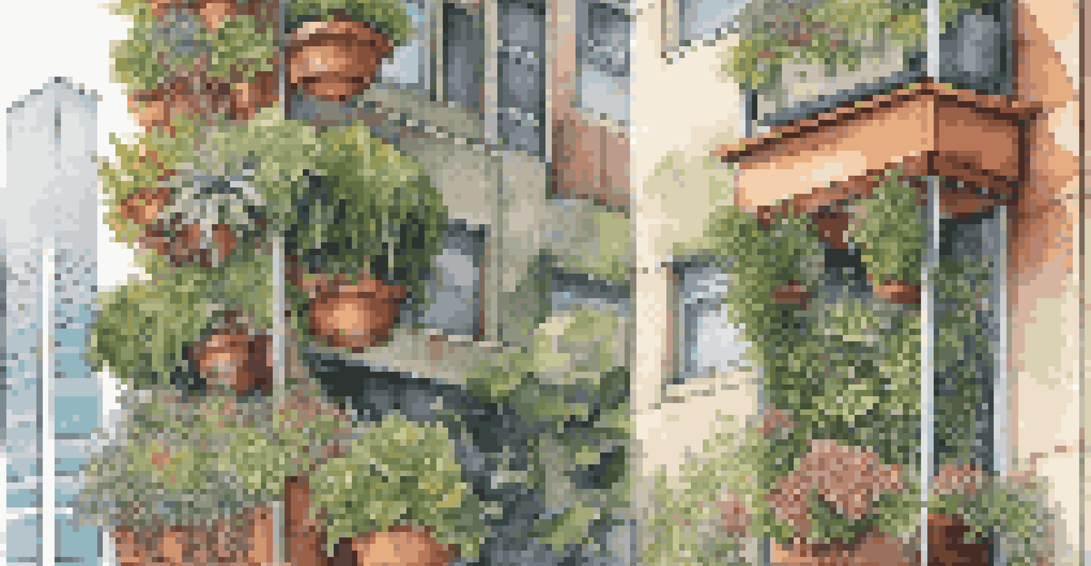 A detailed view of a vertical garden with climbing plants in hanging planters, against a backdrop of a modern city.