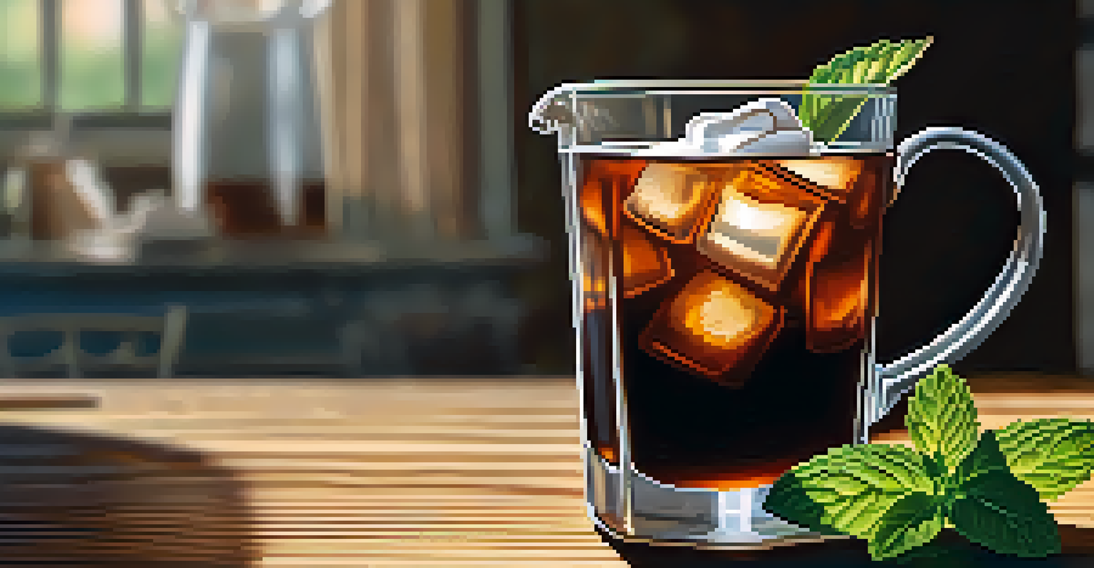 A glass of cold brew coffee with ice and mint, set on a wooden table with sunlight creating soft shadows, alongside a pitcher of milk.