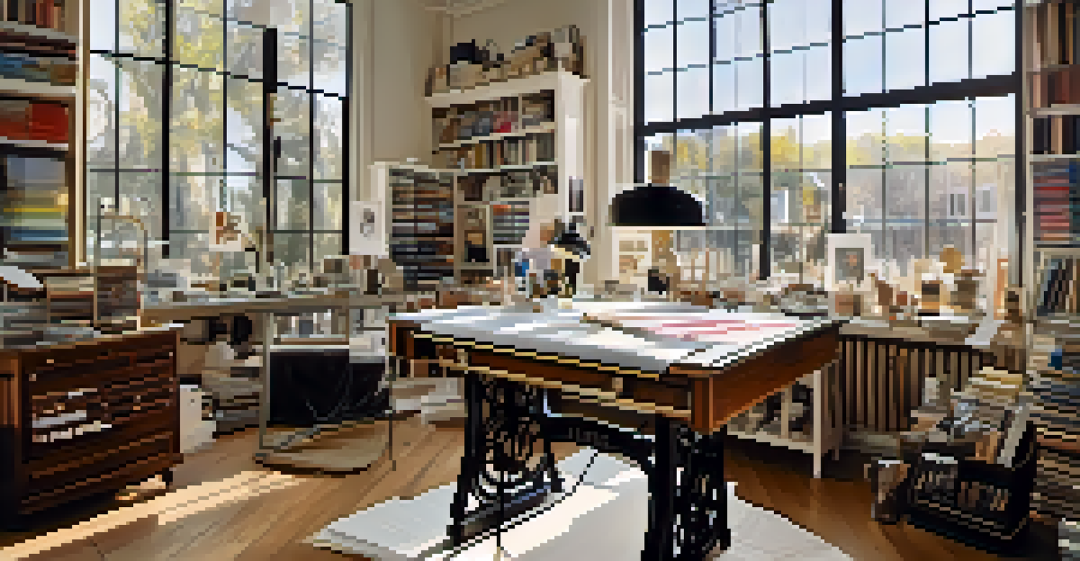 A designer's workspace with sketches, fabric swatches, and a vintage sewing machine, illuminated by natural light.