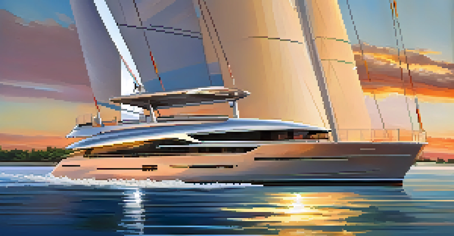 A modern luxury yacht with solar panels sailing on calm waters during sunset.