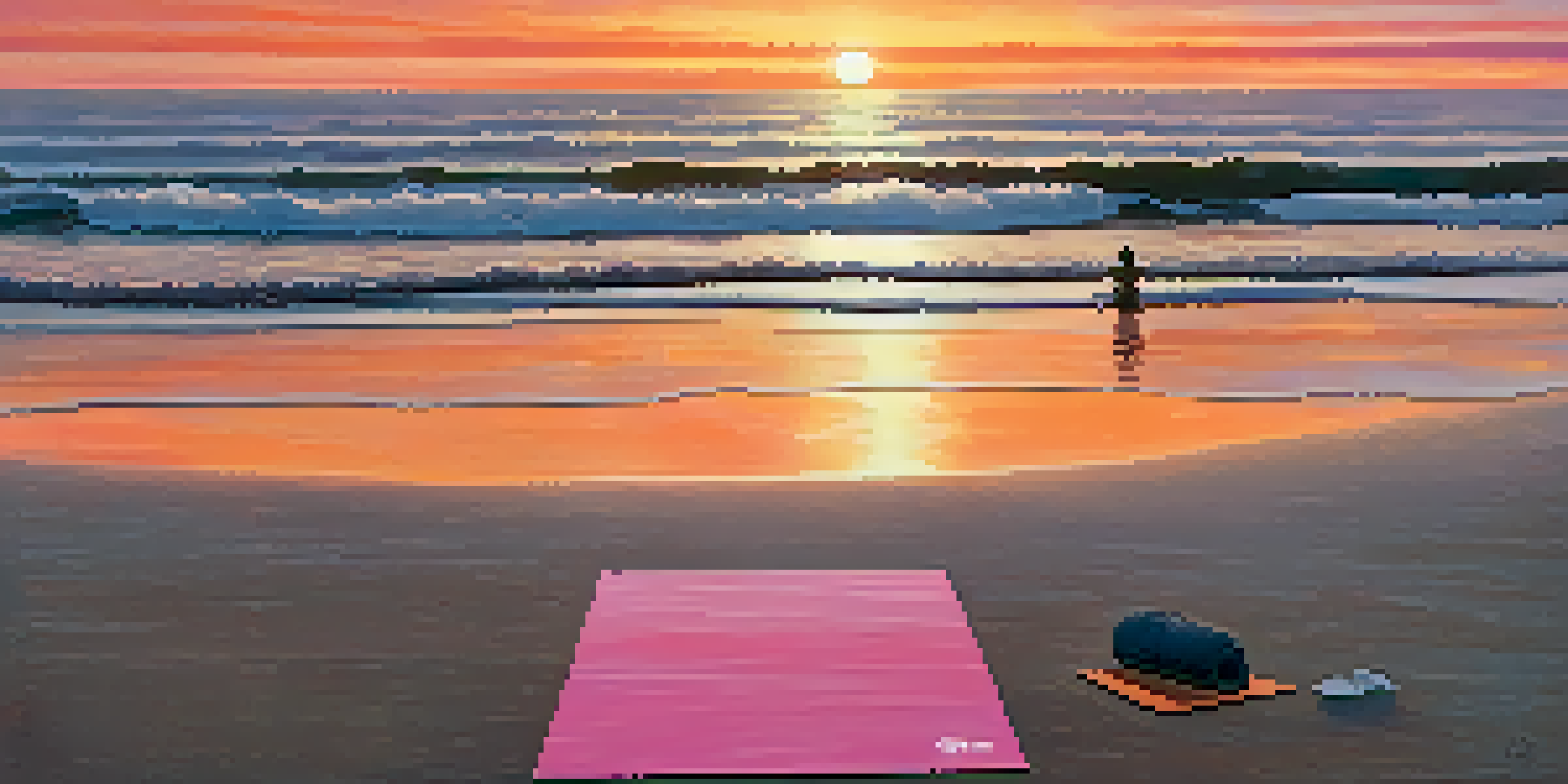 A person practicing yoga on a beach during sunrise, with soft waves and vibrant colors in the sky.