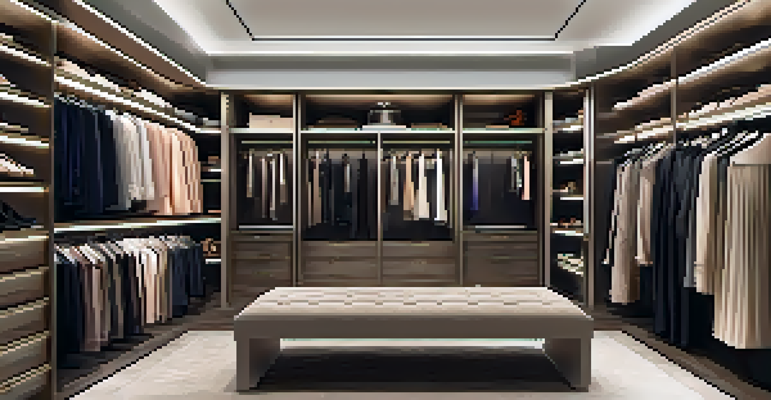 An organized closet displaying designer clothing, handbags, and shoes, illuminated by soft lighting.