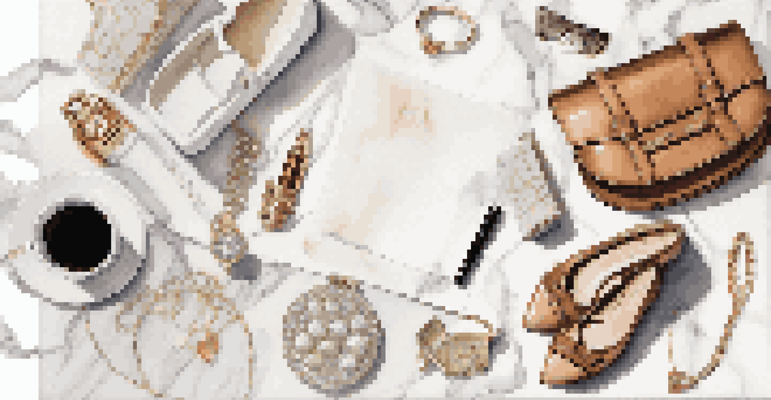 A flat lay image showing luxury fashion items like a handbag, jewelry, and shoes on a marble table, with a notepad and coffee.