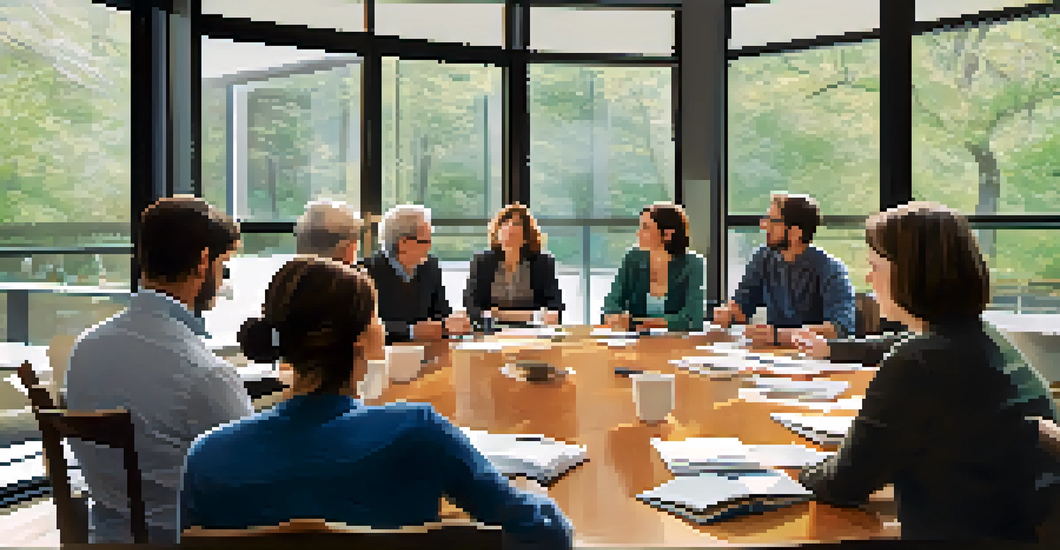A round table workshop with engaged participants and a facilitator, filled with notebooks and laptops, illuminated by natural light.