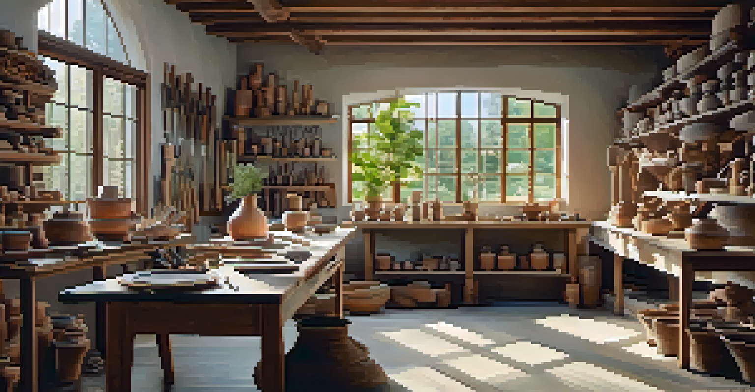 An artisanal workshop with handcrafted pottery and textiles, filled with natural light showcasing the unique imperfections of each piece.