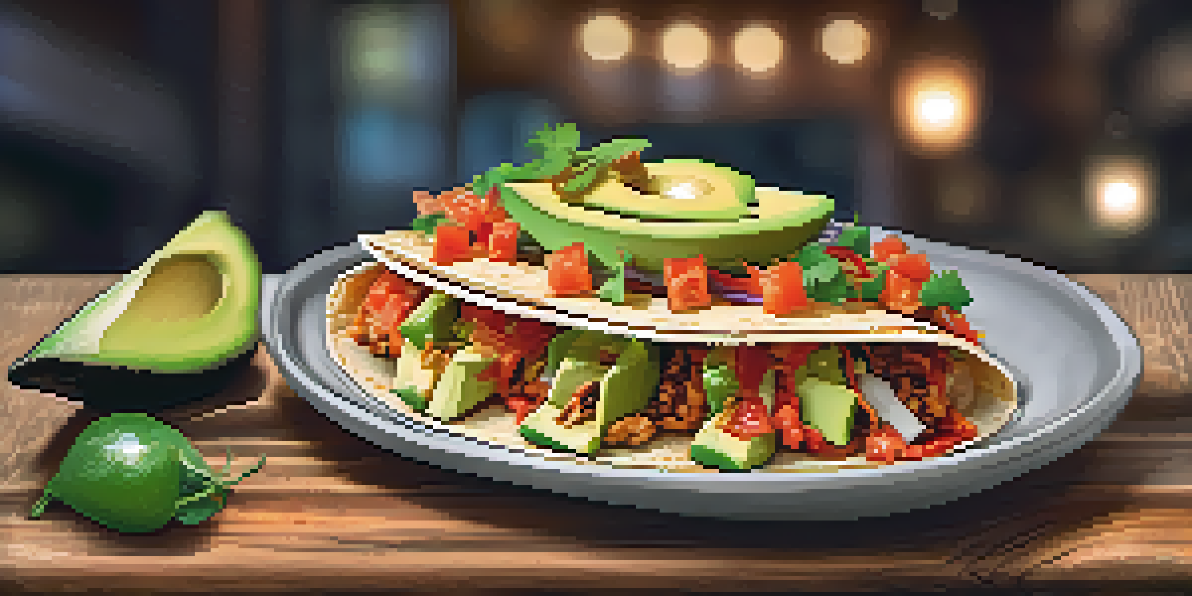 A gourmet taco with avocado and kimchi on a wooden table in a fine dining restaurant.
