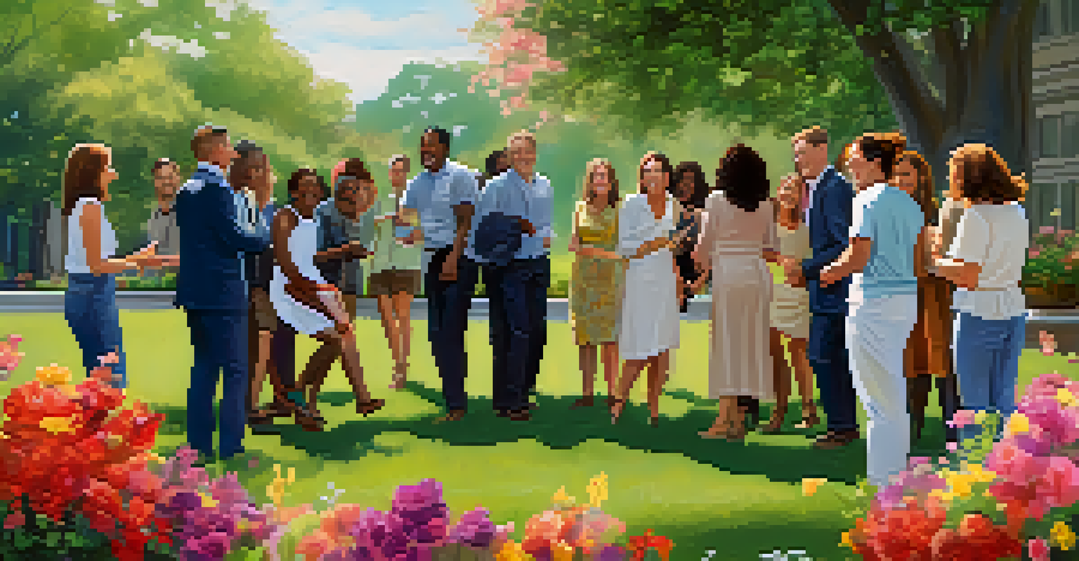 Team members participating in a trust-building exercise outdoors, surrounded by colorful flowers and greenery.