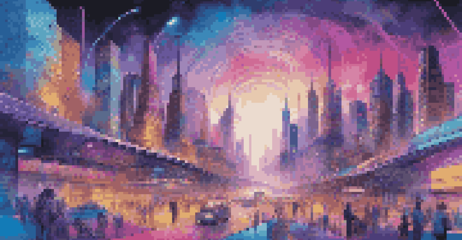 An abstract image representing the NFT market with colorful digital tokens and artworks swirling in a vortex against a futuristic skyline.