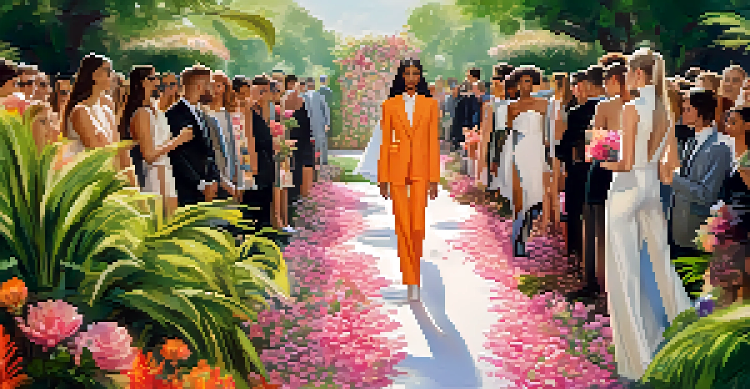 A vibrant outdoor fashion show in a garden, featuring models in gender-fluid outfits, walking on a runway decorated with flowers and greenery.