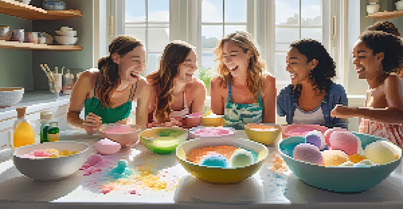 A group of friends enjoying a bath bomb-making party, mixing ingredients and laughing together in a bright kitchen setting.