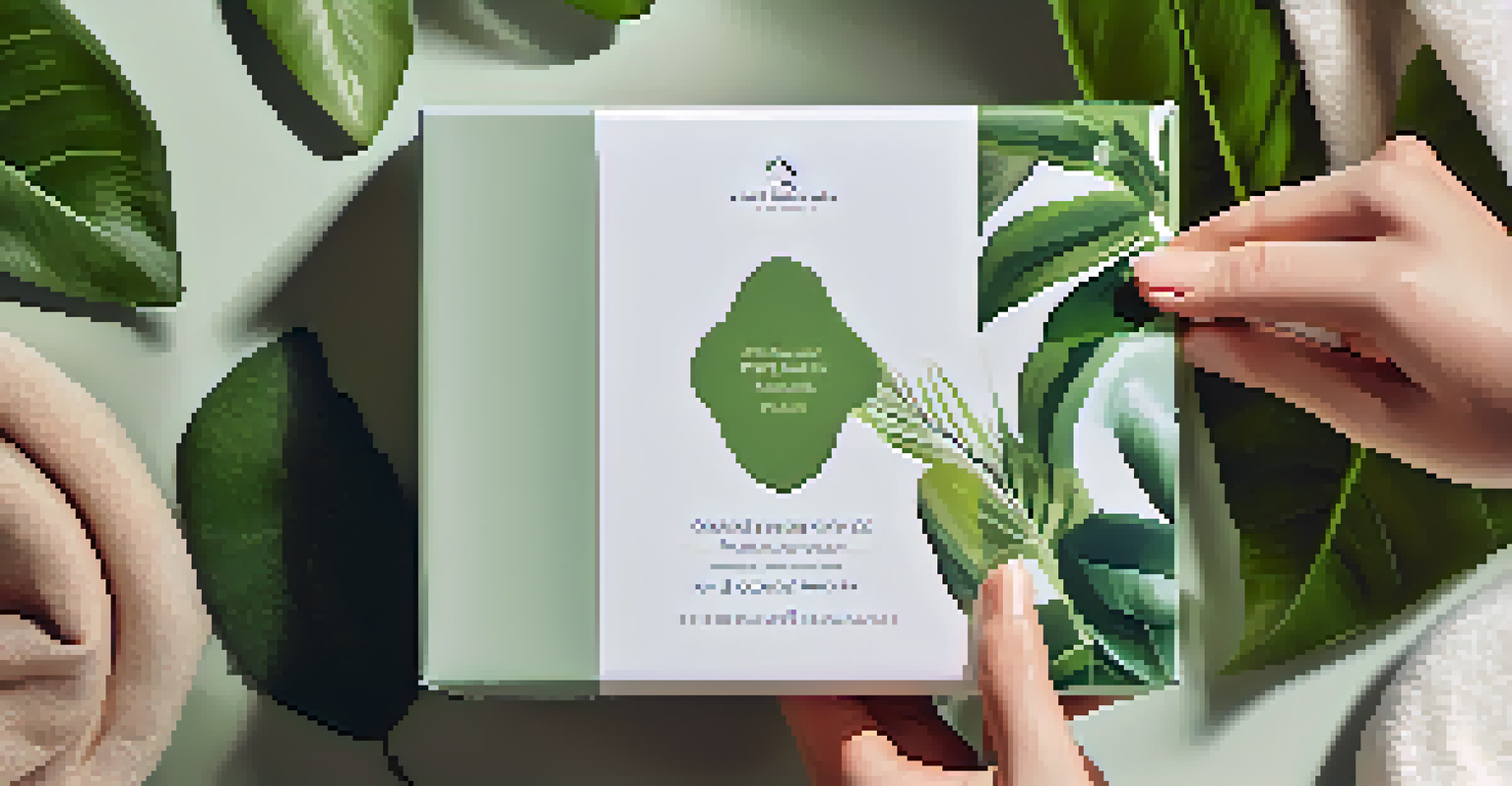 A close-up of a hand taking an organic face mask from a wellness box, surrounded by green plants and a soft, serene background.