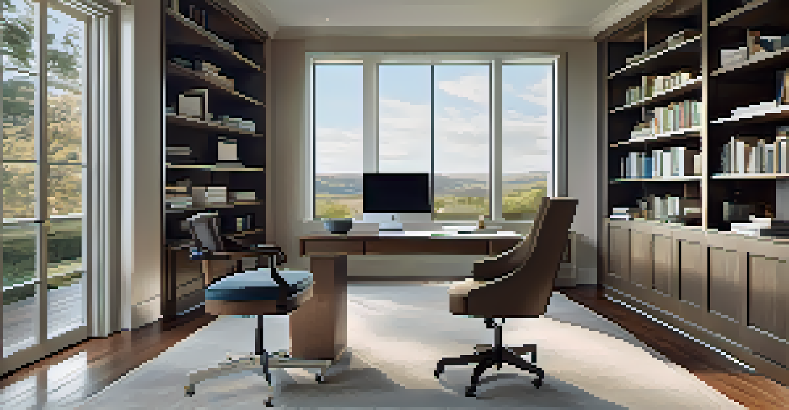 A sophisticated home office with a sleek desk and large windows overlooking a serene landscape, designed for luxury and productivity.