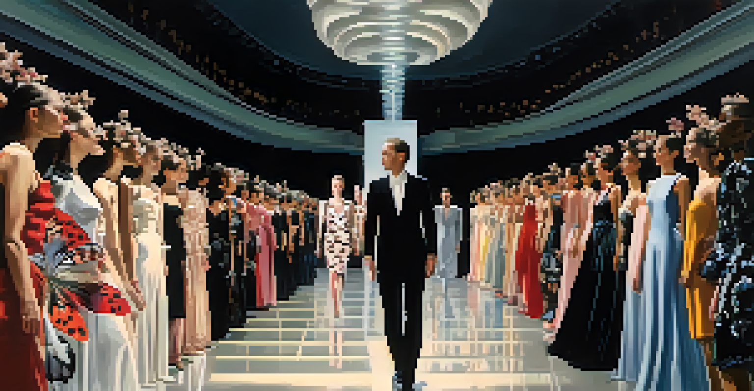 Models walking down a runway in Alexander McQueen outfits with butterfly prints, illuminated by strong spotlighting.