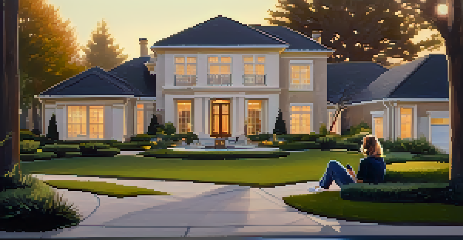 A picturesque luxury neighborhood with elegant homes and a person enjoying a podcast outdoors during golden hour.