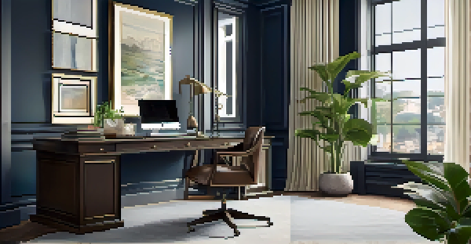 A stylish home office with a dark wood desk, ergonomic leather chair, large windows letting in natural light, and plants for decoration.